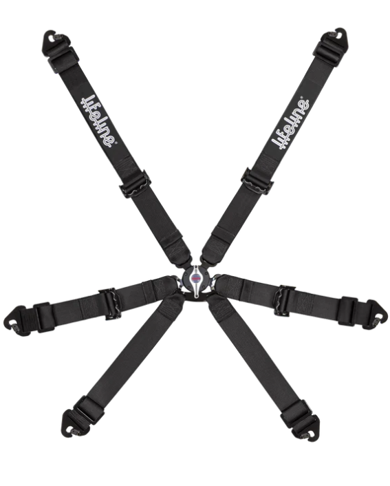 Black six-point harness with 'Hexline' branding on a white background