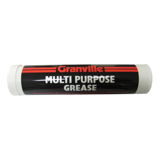 Horizontal view of a 400g cartridge of Granville Lithium EP2 Multi Purpose Grease, showcasing the black and red product label designed for direct loading into manual automotive and industrial grease guns.