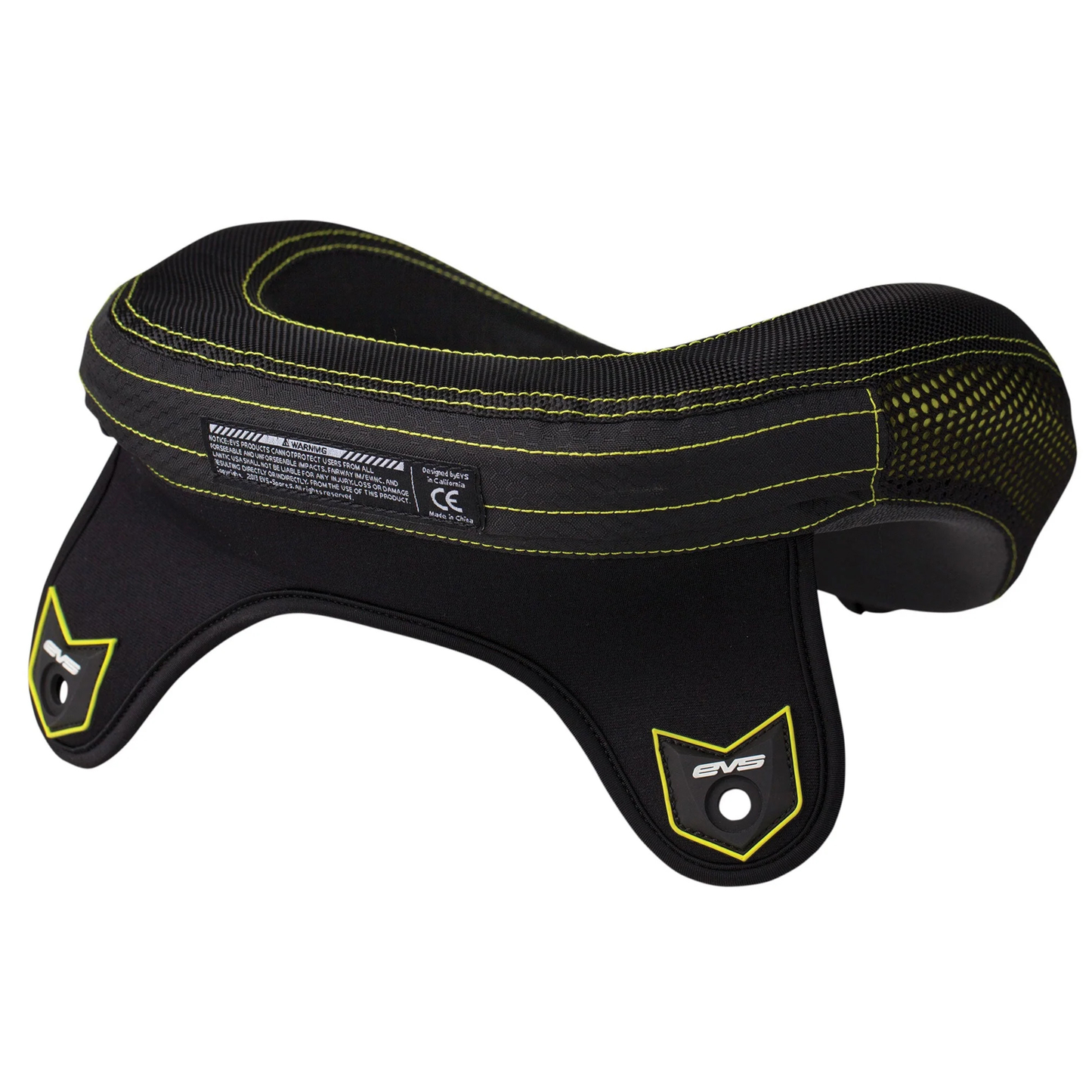 Back view of the black EVS R3 Adult Race Neck Protector collar, highlighting its contoured shoulder-fit shape, the front loop closure mechanism, and attached elastic underarm retention straps.