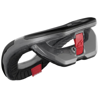 Rear view of black EVS R4 Adult Race Collar, showcasing its low-profile ergonomic design, high-impact polymer upper casing, front-entry locking clip, and the adjustable rear spine stabilizing support fin.