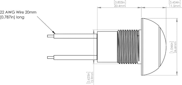 Technical dimension diagram of a two-pin electronic component with a threaded body, a dome-shaped top, and two wire leads, showing measurements in both imperial and metric units. Cartek Battery Isolator external button drawing