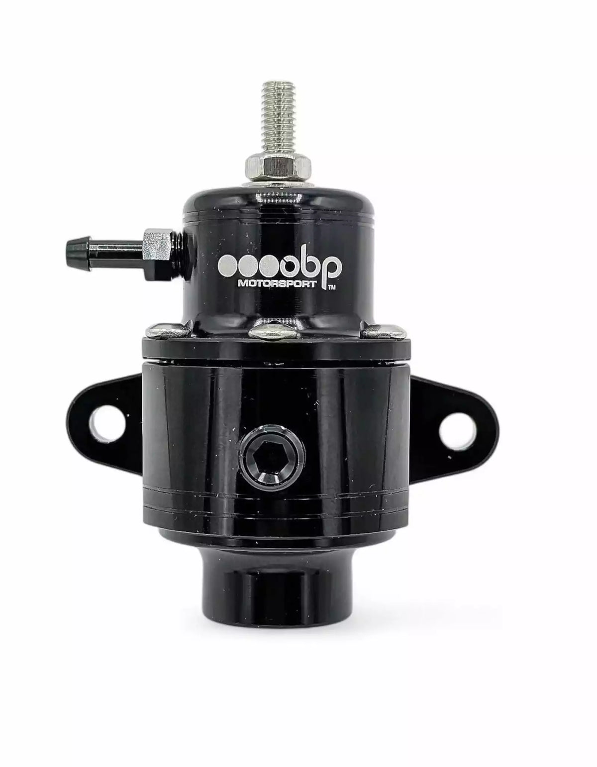 A black automotive fuel pressure regulator with a silver threaded fitting on top and the 'obp MOTORSPORT' logo printed on the side, shown against a plain white background.