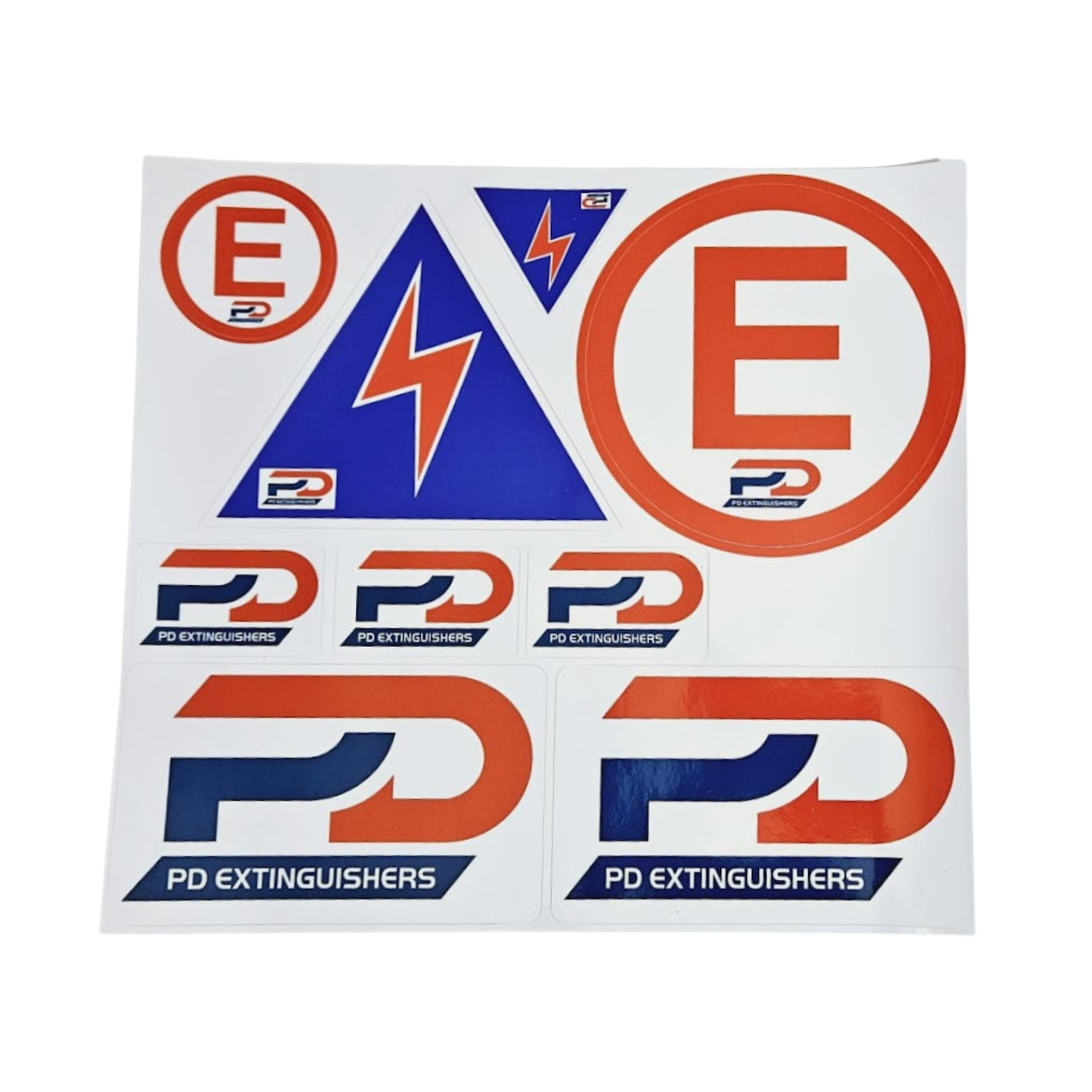 Set of PD Extinguishers logo and branding elements on a white background. Extinguisher and master switch sticker sheet
