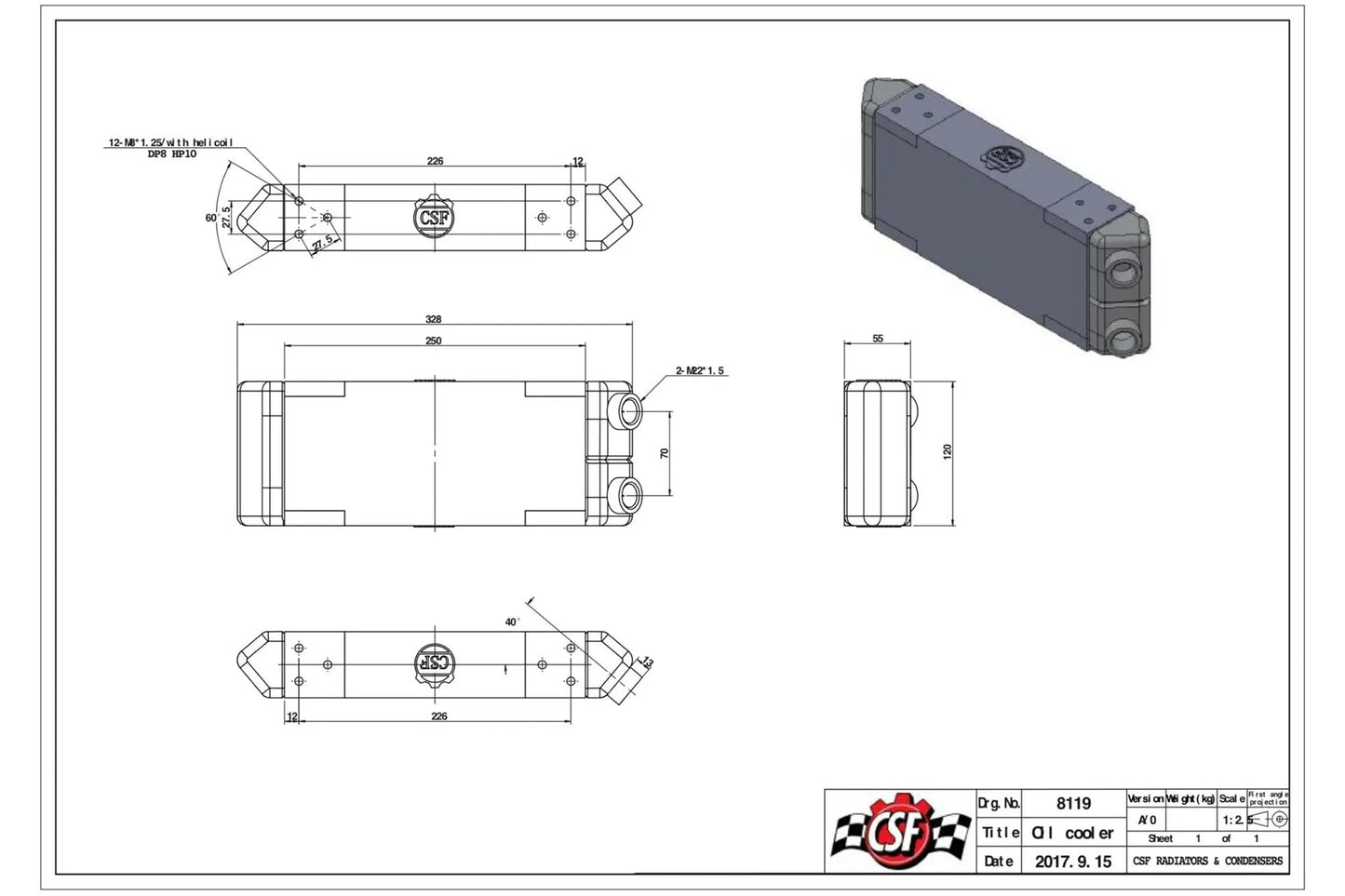 CSF Universal Dual - Pass Oil Cooler - M22 x 1.5 connections - 13L x 4.75H x 2.16W - Race Rally Supplies