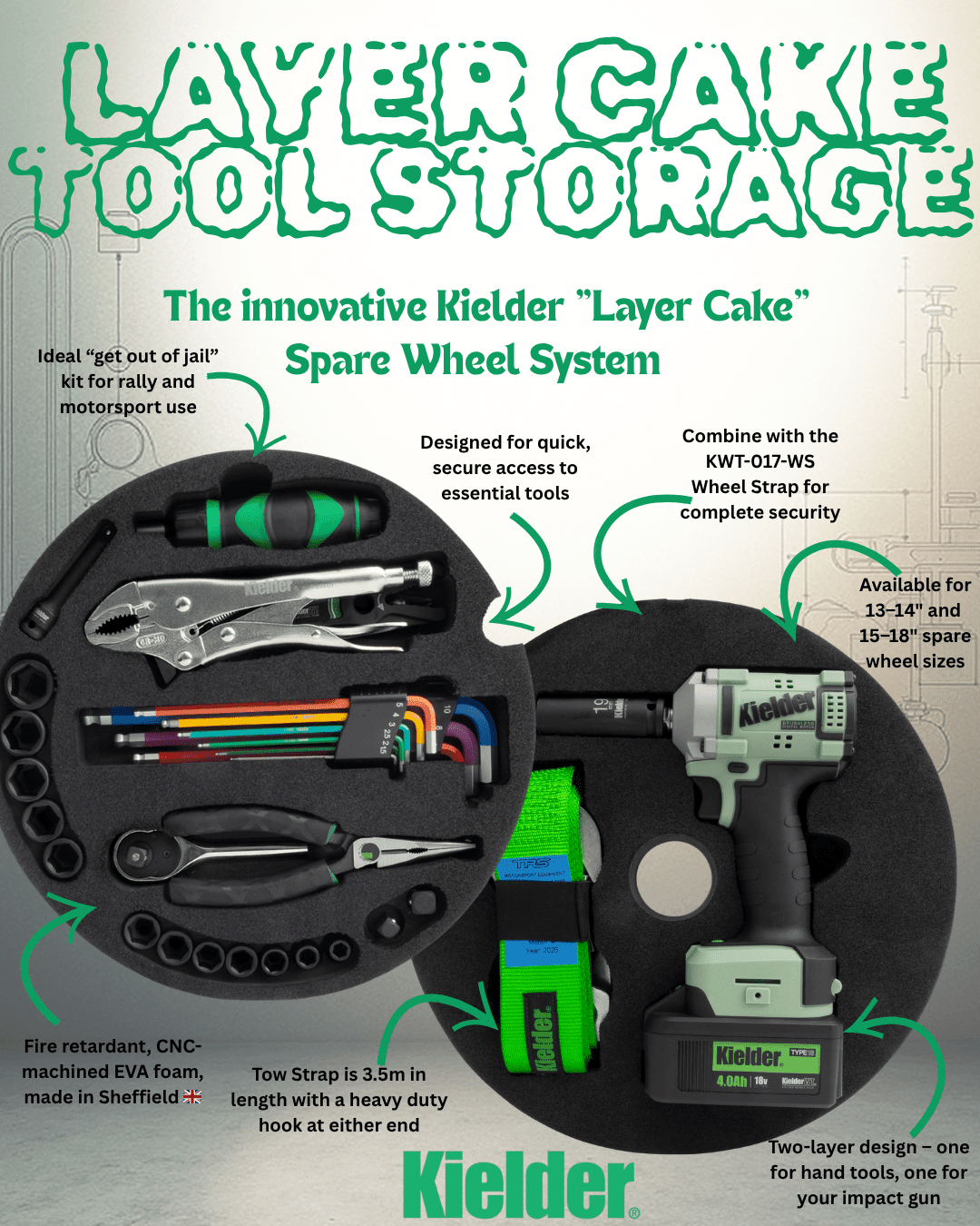 Kielder tools special and unique tool storage system with custom foam inserts securely organizing motorsport equipment.