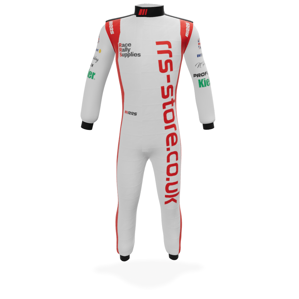 A bespoke race suit with custom colour blocking and sponsor logos, laid flat on a paddock workstation.