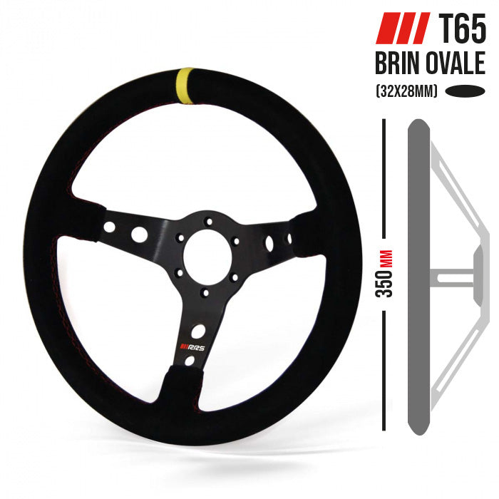 RRS Monte Carlo Steering Wheel, 350mm, 65mm Dish, Black Spokes, Black Vegan Suede with Red Stitching, 32x28mm Grip Section