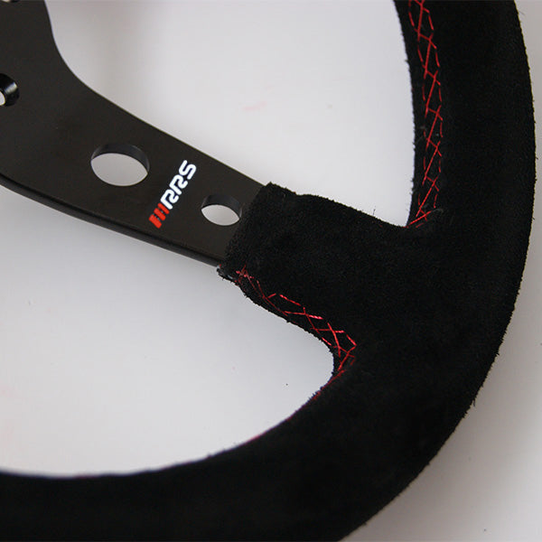 RRS Monte Carlo Steering Wheel, 350mm, 65mm Dish, Black Spokes, Black Vegan Suede with Red Stitching, 32x28mm Grip Section