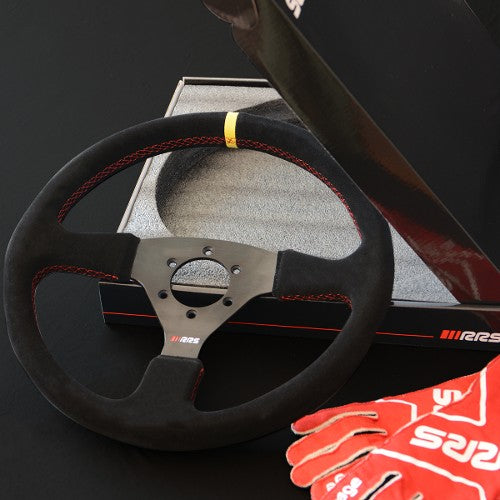 RRS Veloce EVO Steering Wheel, 350mm, Flat, Black Vegan Suede with Corrugated inner for Extra Grip