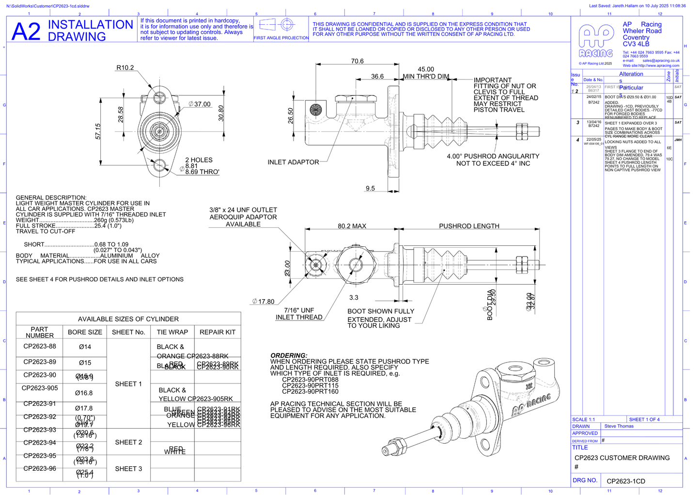 AP CP2623 Master Cylinder