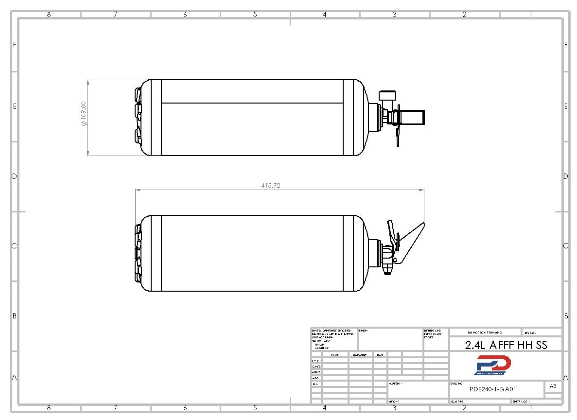 Technical drawing of a fire suppression system cartridge with dimensions and specifications.