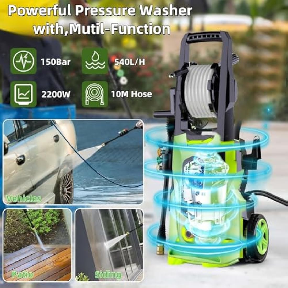 2200 W High - Pressure Motorsport & Car Washer – 150 Bar, 540 L/h, 10 m Hose & Adjustable Nozzle - Race Rally Supplies