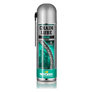 ront view of a 500ml green spray aerosol can of Motorex Chain Lube Road Clear, featuring distinct branding indicating it is a high-adhesion synthetic road protection spray for O-ring and X-ring motorcycle drive chains.
