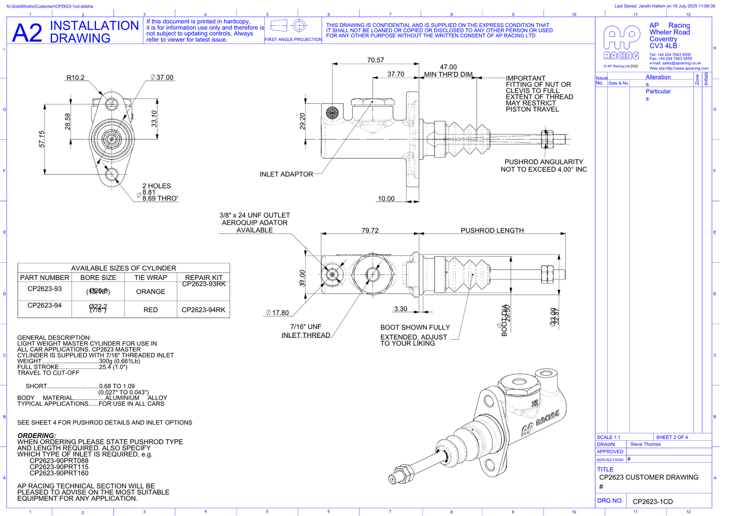 AP CP2623 Master Cylinder