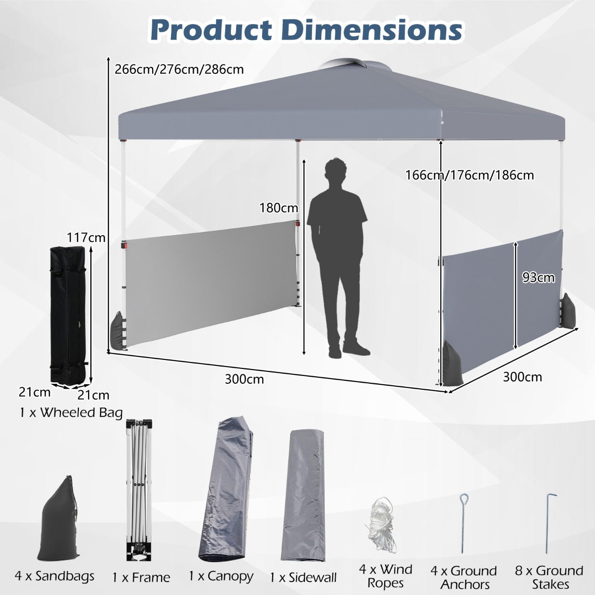 300 X 300 CM Pop up Canopy Tent with 2 Half Sidewalls - Grey - Race Rally Supplies
