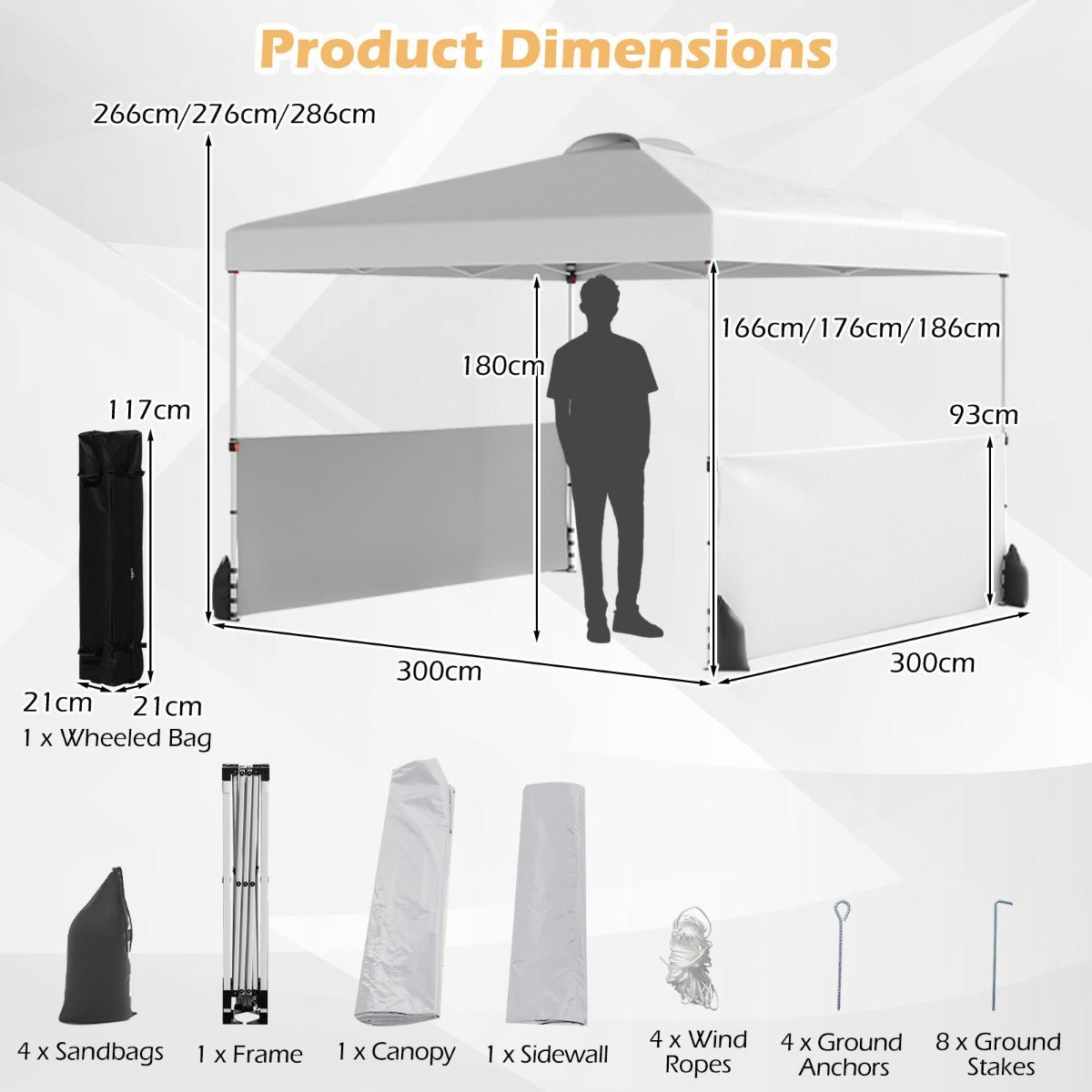 300 X 300 CM Pop up Canopy Tent with 2 Half Sidewalls-Grey - Race Rally Supplies
