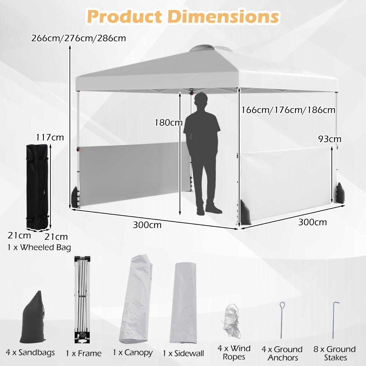 300 X 300 CM Pop up Canopy Tent with 2 Half Sidewalls - Grey - Race Rally Supplies