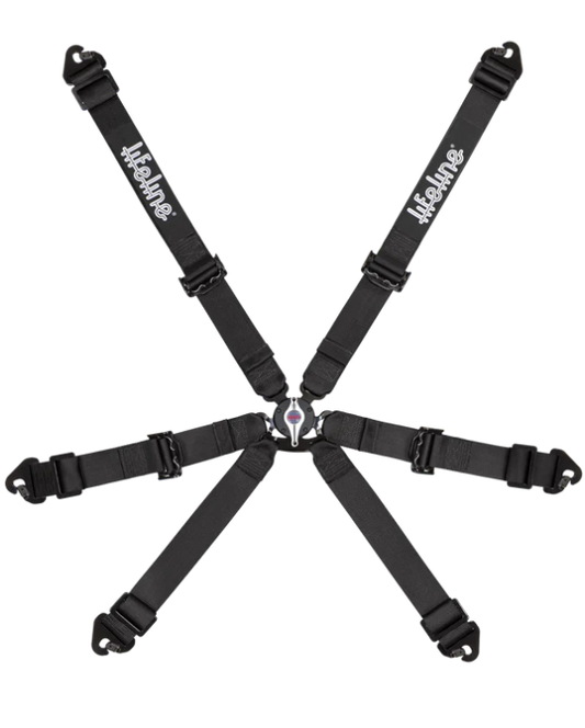Black six-point harness with 'Hexline' branding on a white background