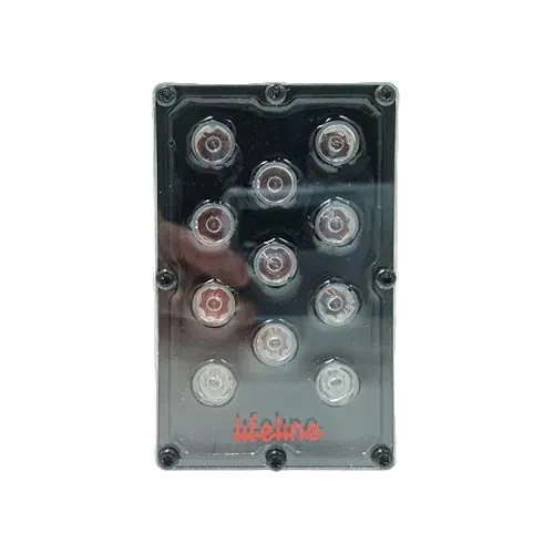 Lifeline FIA 8874-2019 high-intensity LED motorsport rain light showing the rectangular slimline black casing, 11 heavy-duty high-output red LEDs, and rear integrated M6 bolt mounting configuration on a clean background.