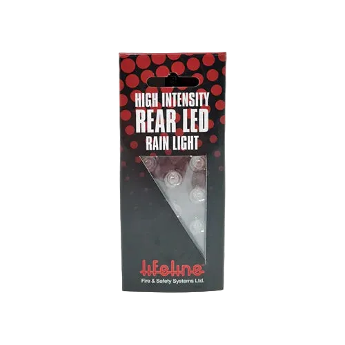 Lifeline FIA 8874-2019 high-intensity LED motorsport rain light showing the rectangular slimline black casing, 11 heavy-duty high-output red LEDs, and rear integrated M6 bolt mounting configuration in packaging.