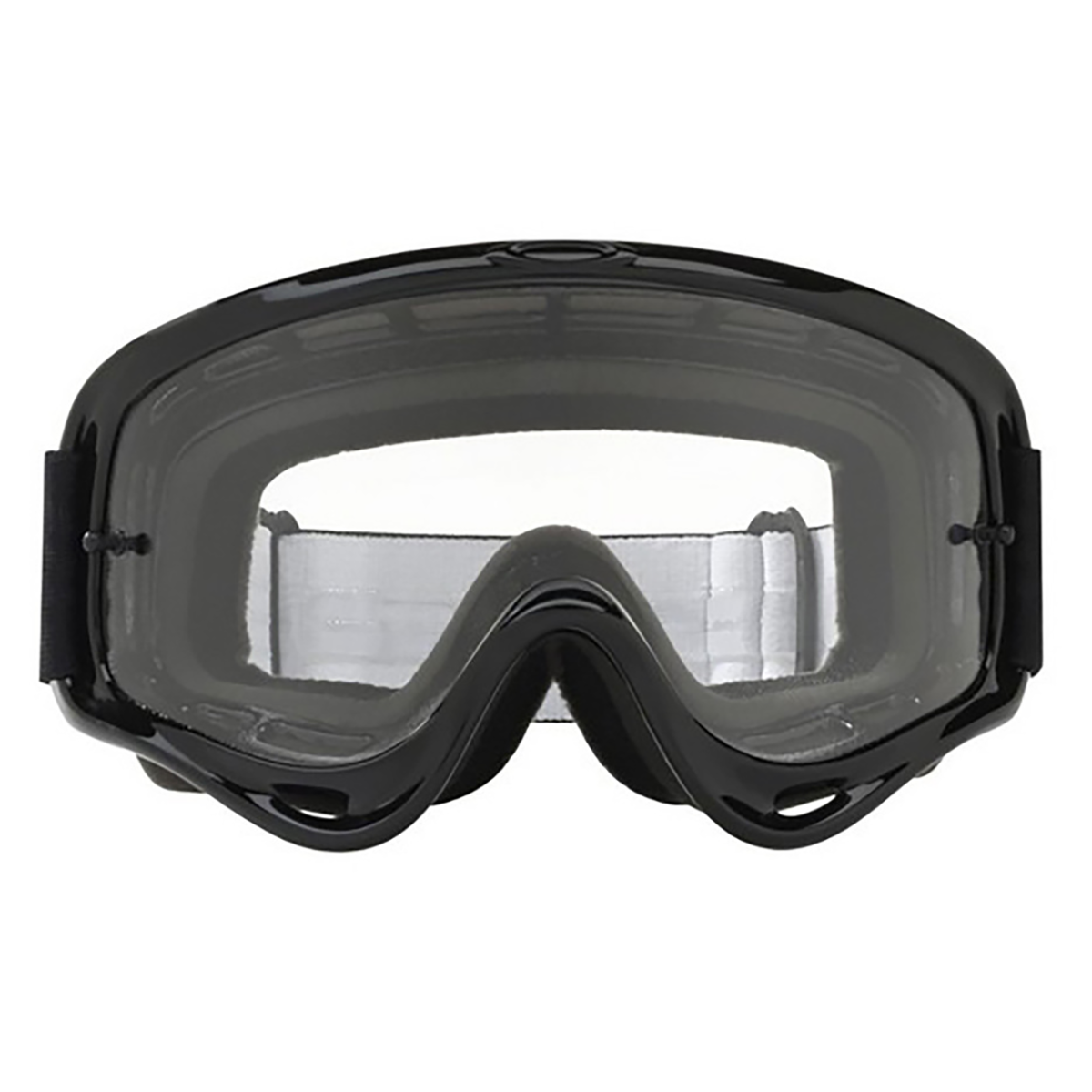 Front view of Oakley O Frame adult motocross goggles in jet black featuring a clear anti-fog protective lens and a wide adjustable silicone-lined strap.