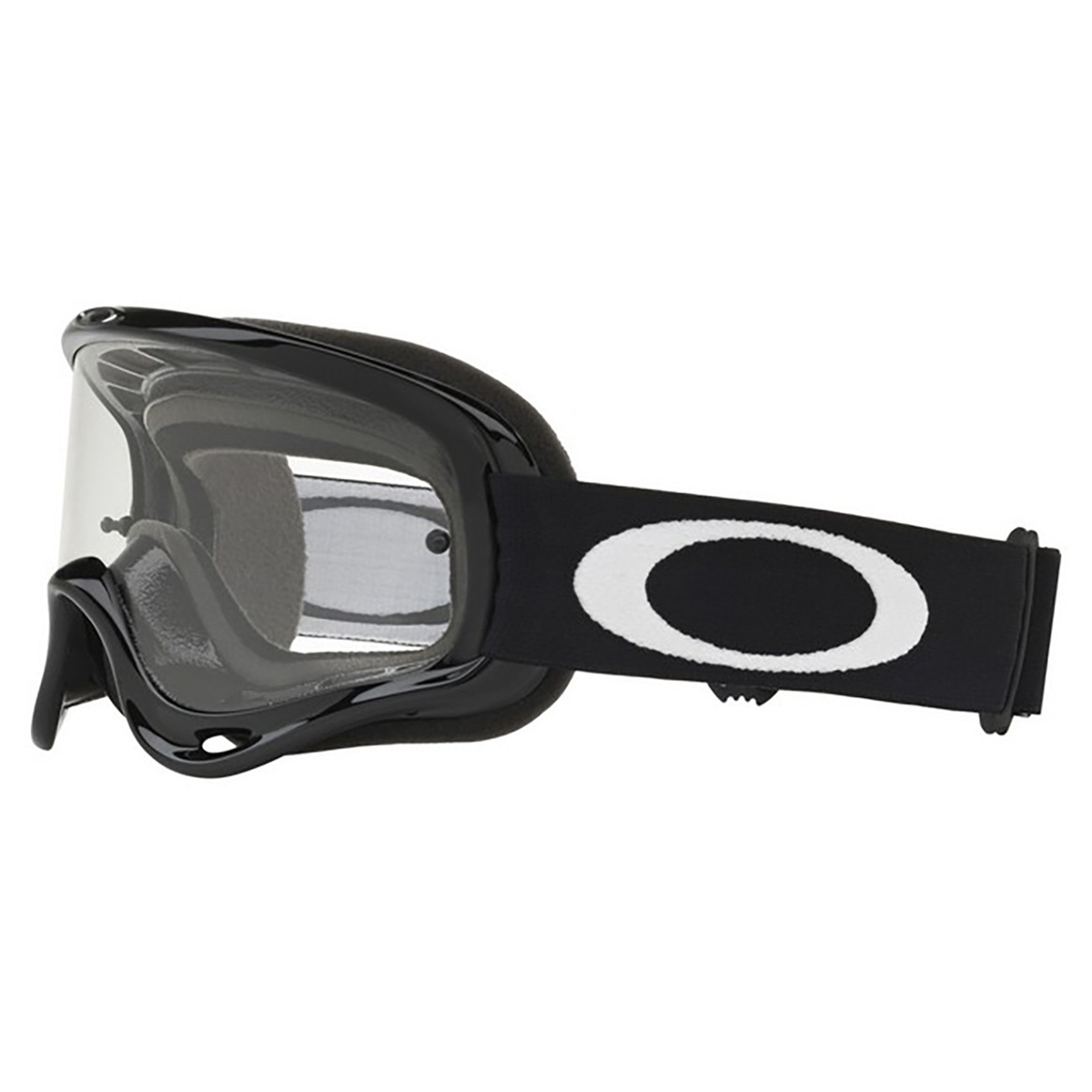 Front 3/4 view of motocross goggles in jet black featuring a clear anti-fog protective lens and a wide adjustable silicone-lined strap.