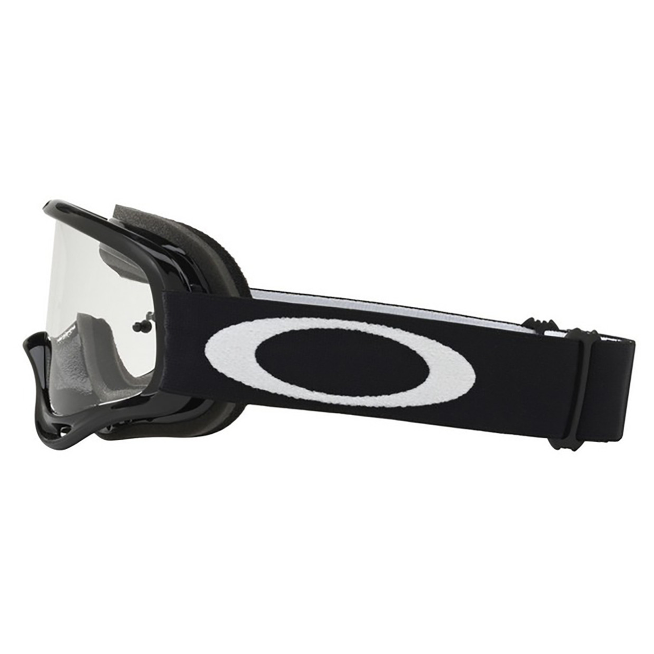 Side view of Oakley O Frame adult motocross goggles in jet black featuring a clear anti-fog protective lens and a wide adjustable silicone-lined strap.