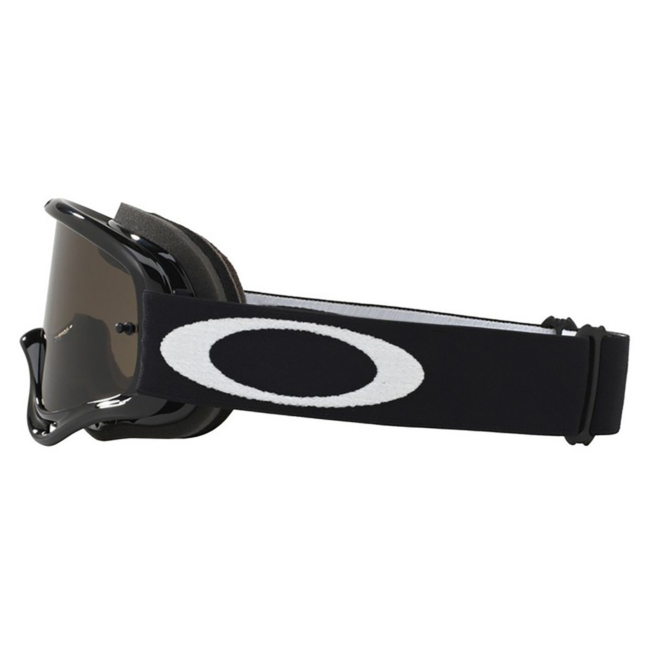 Side view of Oakley O Frame adult motocross goggles in jet black featuring a smoke anti-fog protective lens and a wide adjustable silicone-lined strap