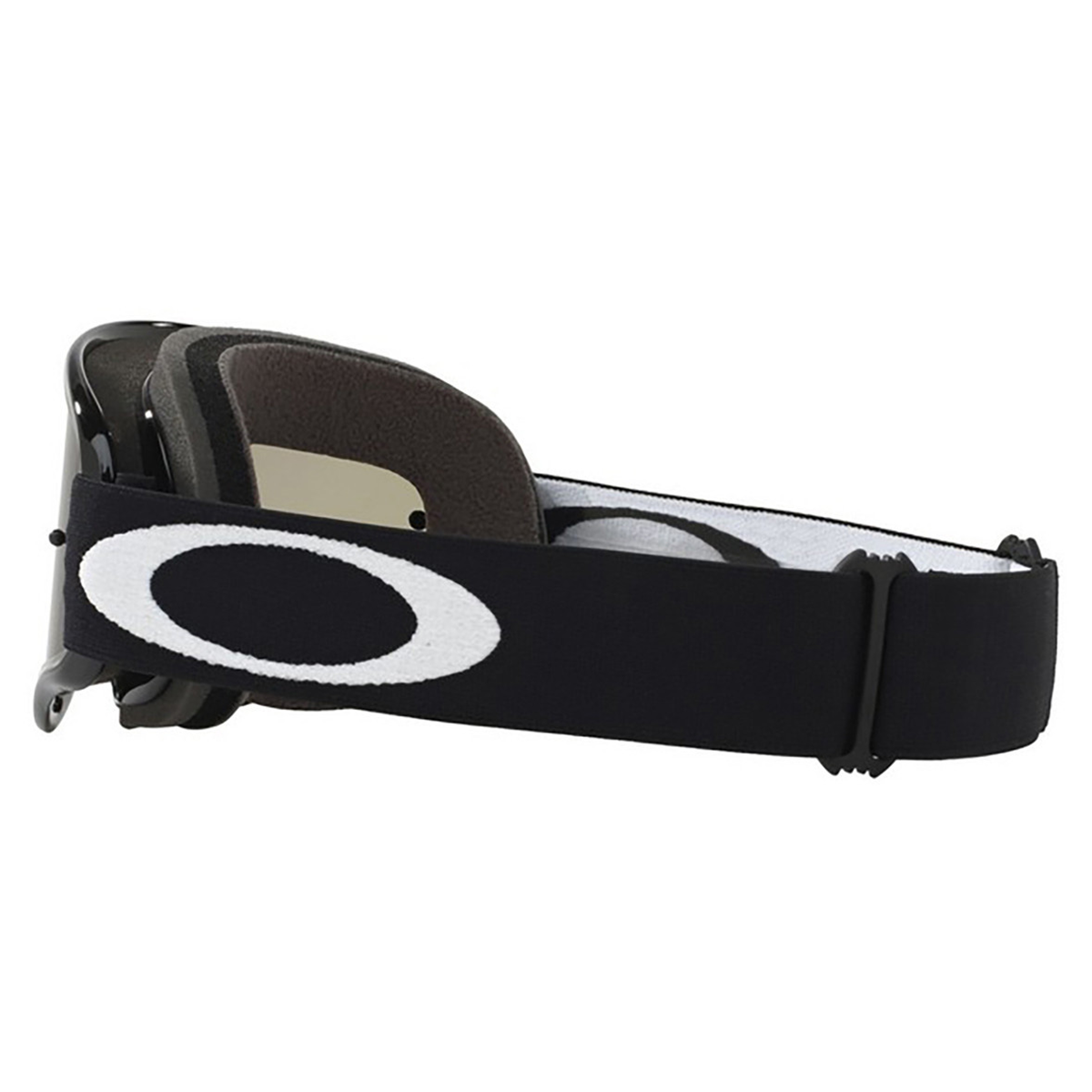 Front view of Oakley O Frame adult motocross goggles in jet black featuring a smoke anti-fog protective lens and a wide adjustable silicone-lined strap.