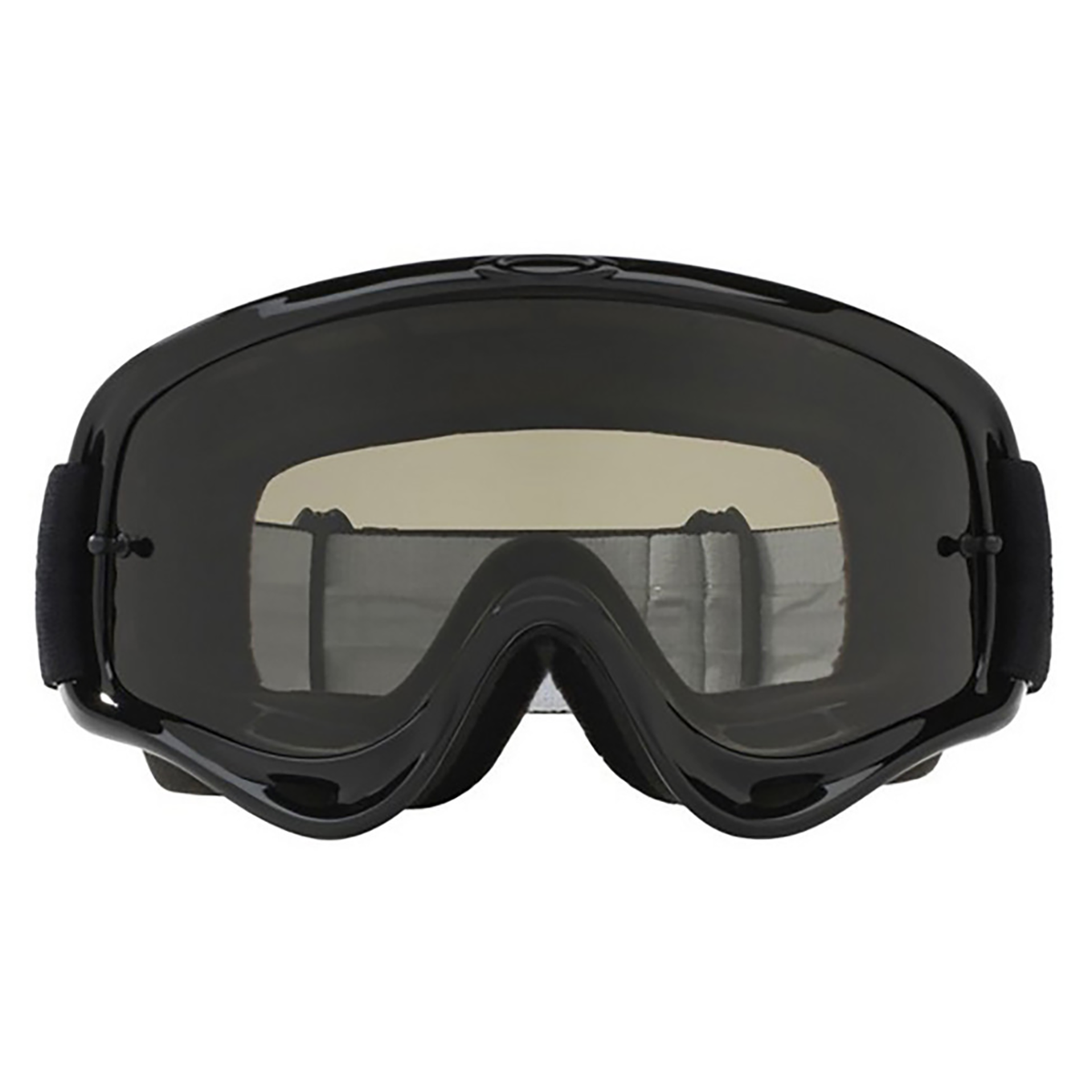 Front view of Oakley O Frame adult motocross goggles in jet black featuring a smoke anti-fog protective lens and a wide adjustable silicone-lined strap seen through the goggles
