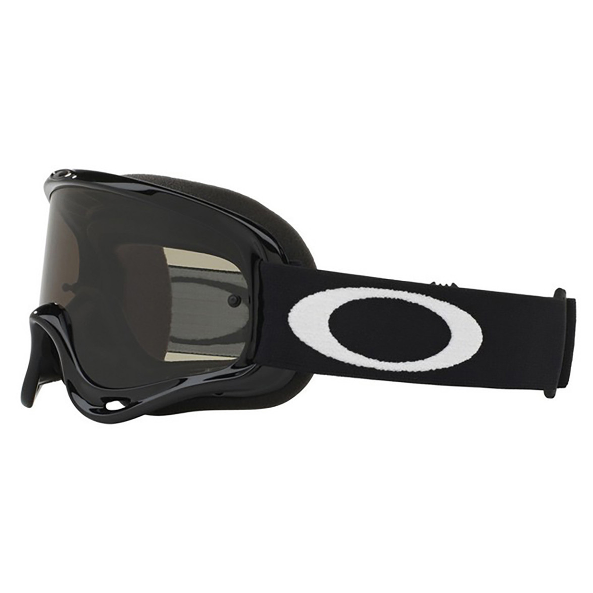 Side view of Oakley O Frame adult motocross goggles in jet black featuring a smoke anti-fog protective lens and a wide adjustable silicone-lined strap.