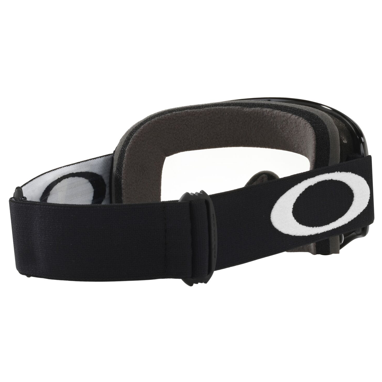 More strap detail of Oakley O Frame XS youth motocross goggles in jet black with a clear anti-fog Lexan lens and helmet strap posts.