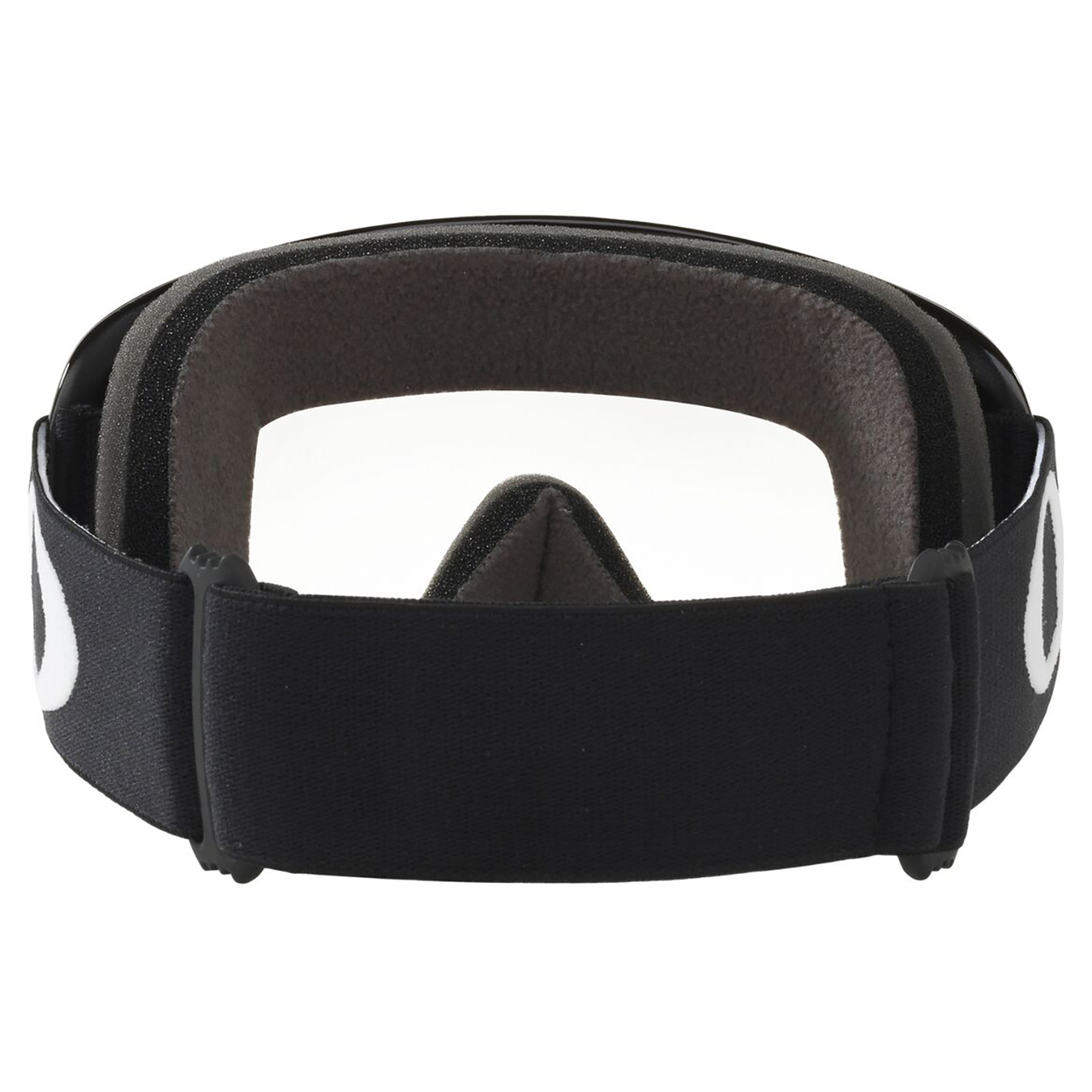 Rear view of Oakley O Frame XS youth motocross goggles in jet black with a clear anti-fog Lexan lens and helmet strap posts.