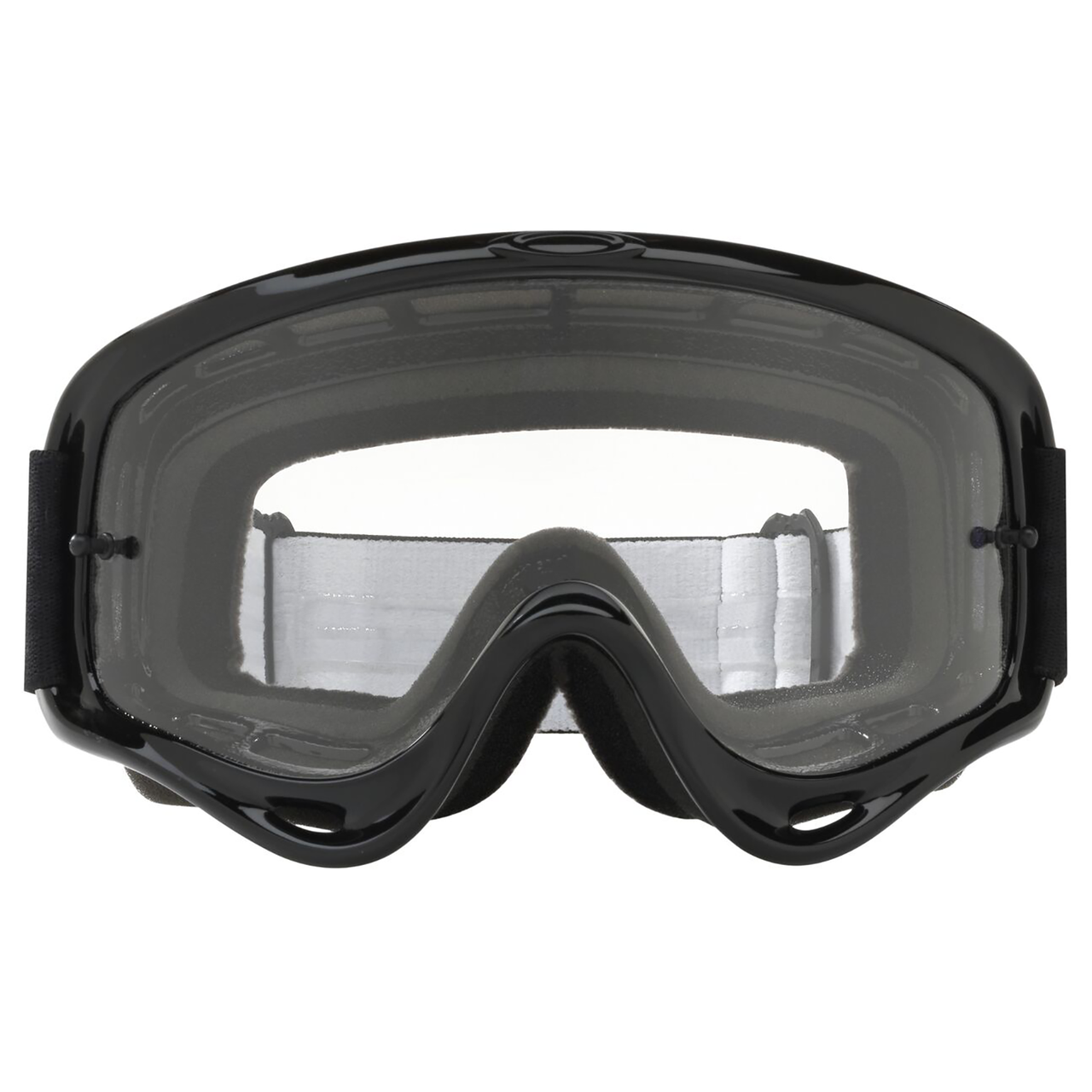 Front straight on view of Oakley O Frame XS youth motocross goggles in jet black with a clear anti-fog Lexan lens and helmet strap posts.