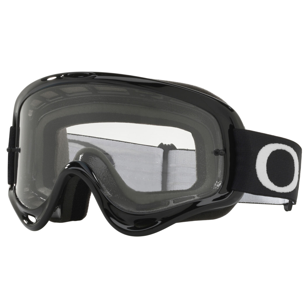 Front view of Oakley O Frame XS youth motocross goggles in jet black with a clear anti-fog Lexan lens and helmet strap posts.