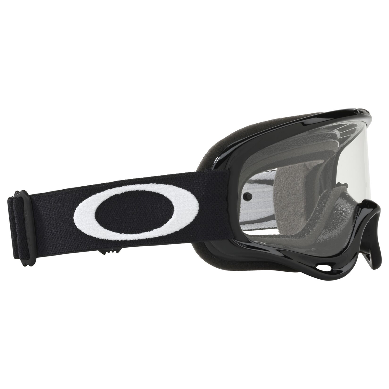 Left 3/4 view of Oakley O Frame XS youth motocross goggles in jet black with a clear anti-fog Lexan lens and helmet strap posts.