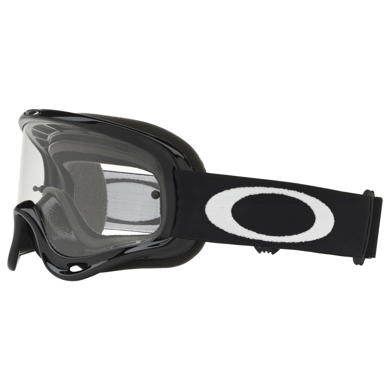 Front 3/4 view of Oakley O Frame XS youth motocross goggles in jet black with a clear anti-fog Lexan lens and helmet strap posts.