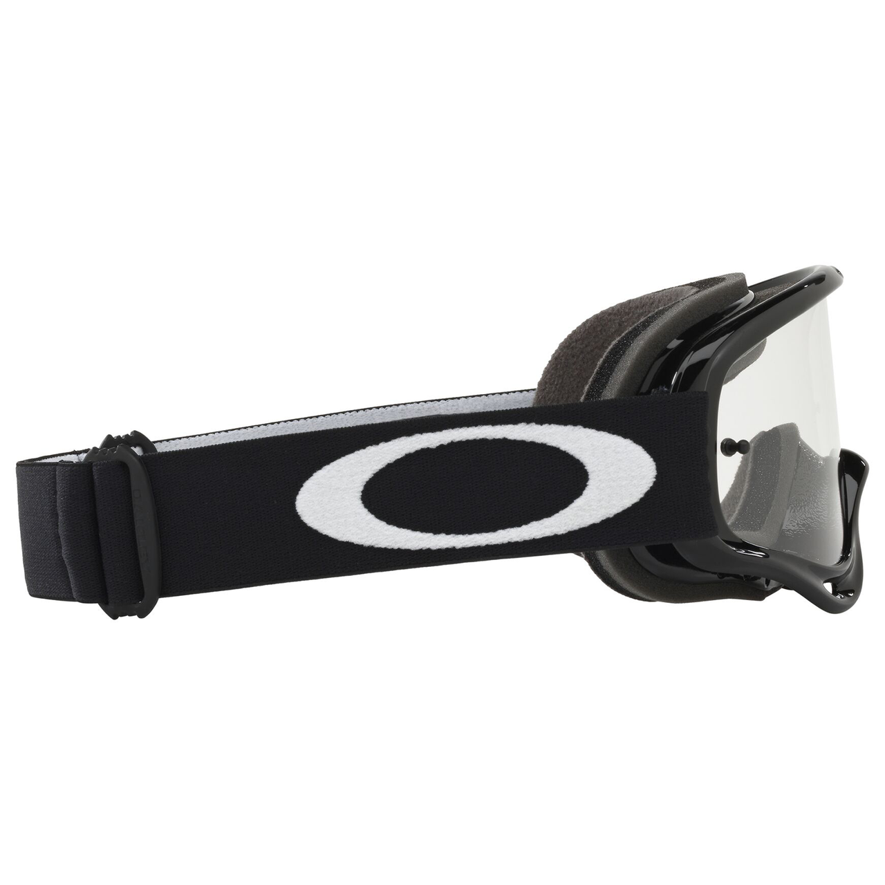 Front view of Oakley O Frame XS youth motocross goggles in jet black with a clear anti-fog Lexan lens and helmet strap posts.