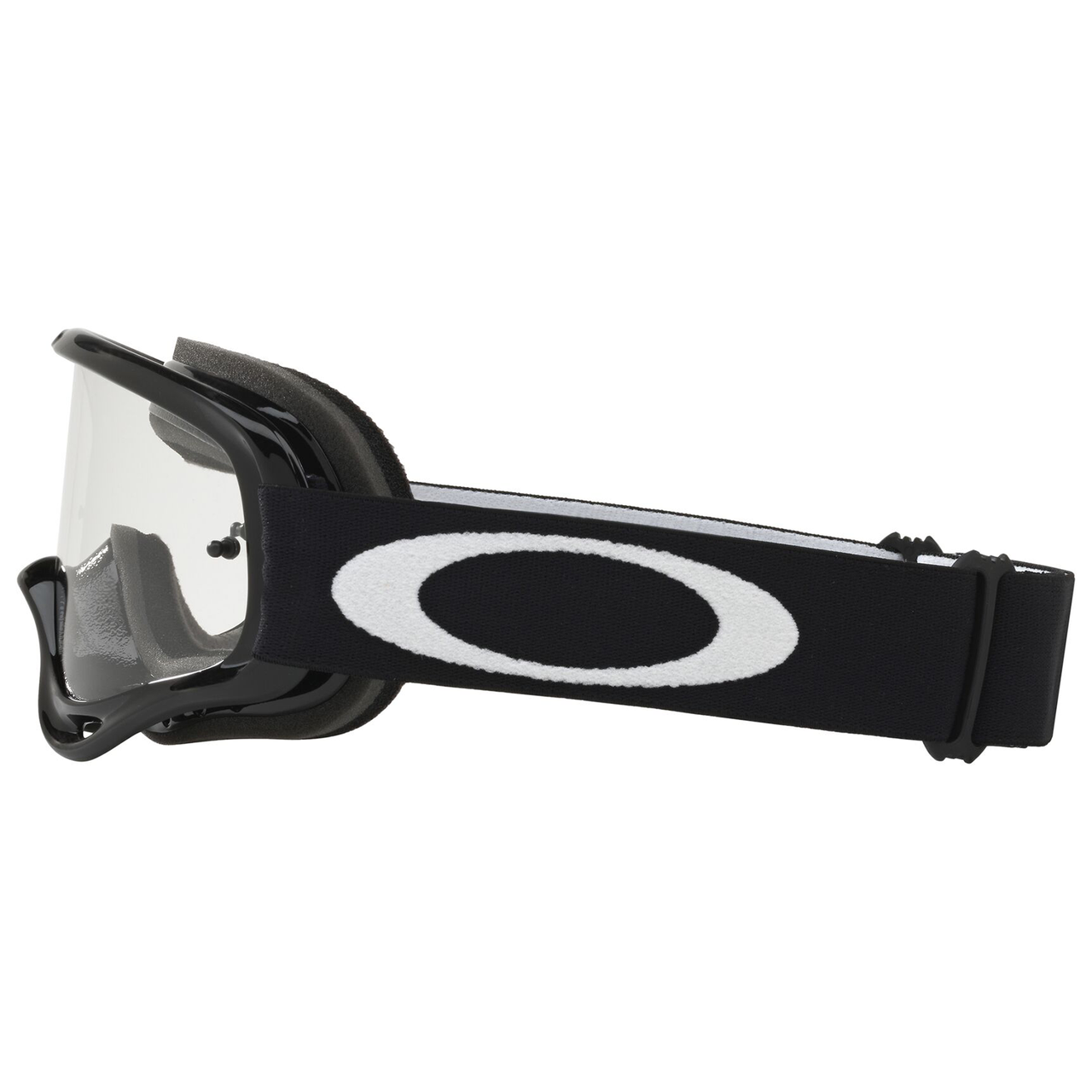 side view of Oakley O Frame XS youth motocross goggles in jet black with a clear anti-fog Lexan lens and helmet strap posts.