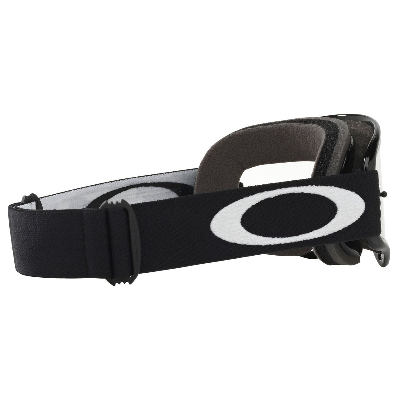 Left side view of Oakley O Frame XS youth motocross goggles in jet black with a clear anti-fog Lexan lens and helmet strap posts.