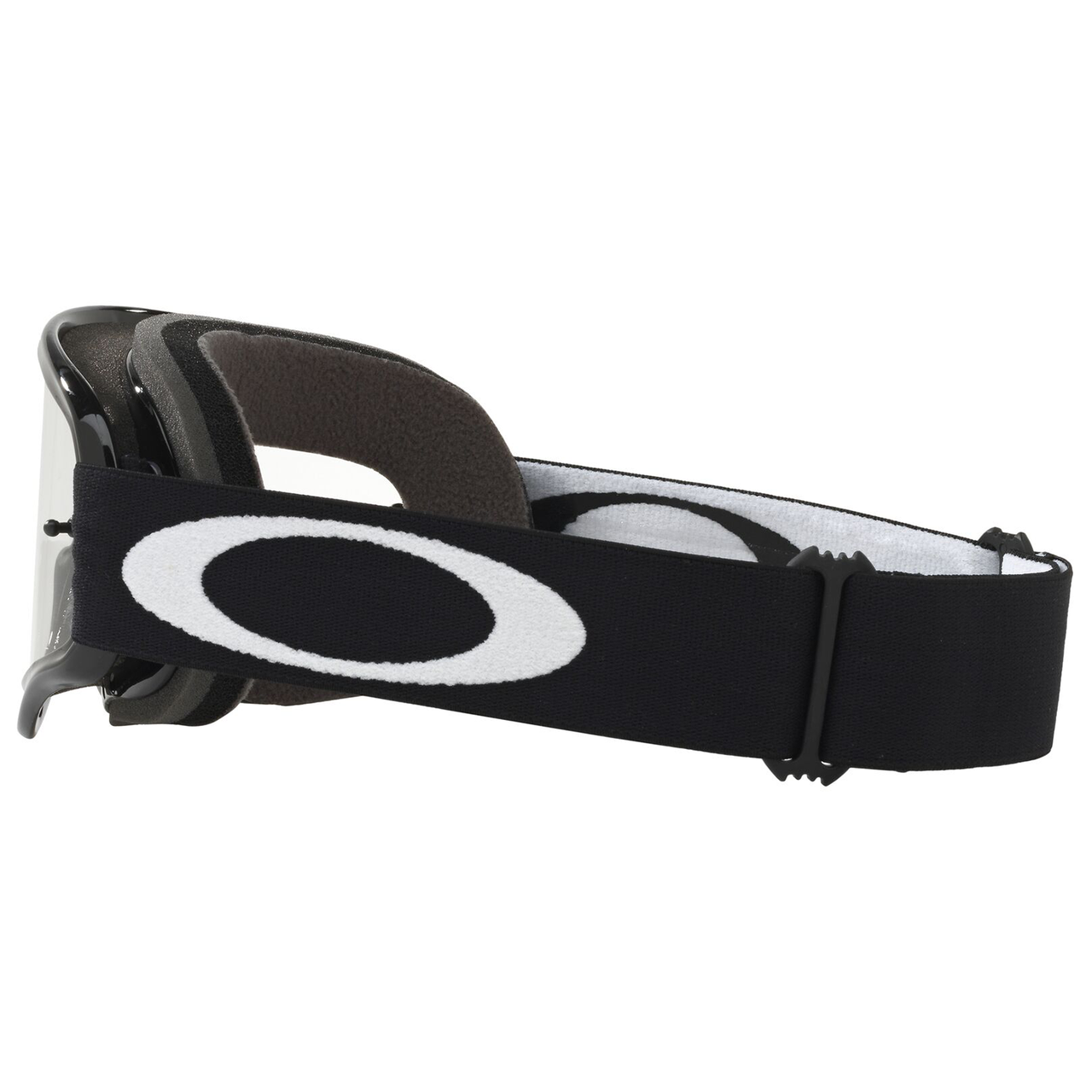 Side view of Oakley O Frame XS youth motocross goggles in jet black with a clear anti-fog Lexan lens and helmet strap posts.