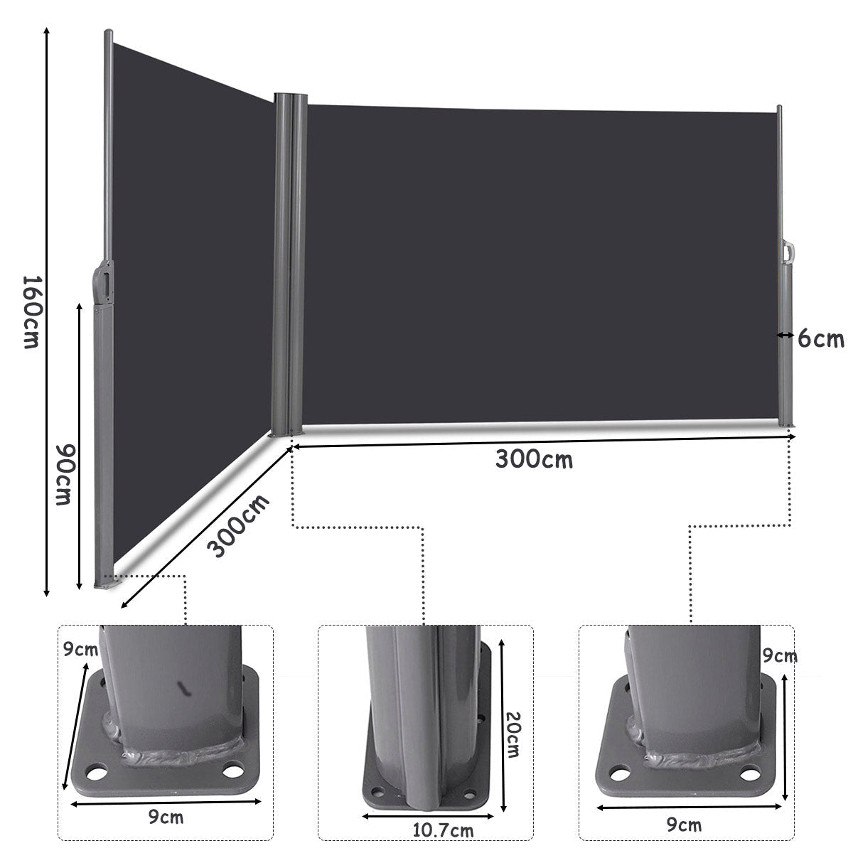 600 x 160 cm Patio Double-Sided Retractable Folding Side Awning - Race Rally Supplies