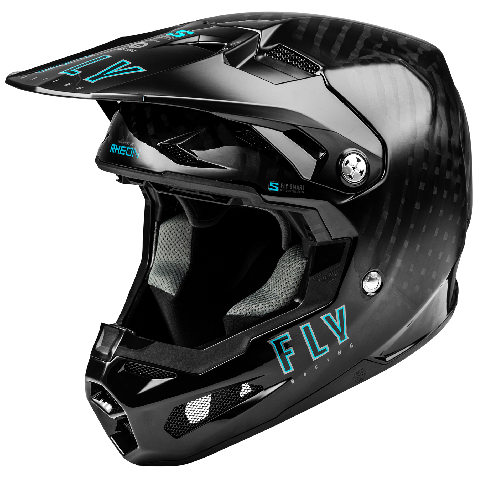 Three-quarter view of the gloss black raw weave FLY Racing Formula S Solid Carbon Helmet, showcasing the aggressive True Functional Ventilation intake ports, sleek carbon contour lines, and integrated status LED indicators for the built-in Quin smart telemetry system.