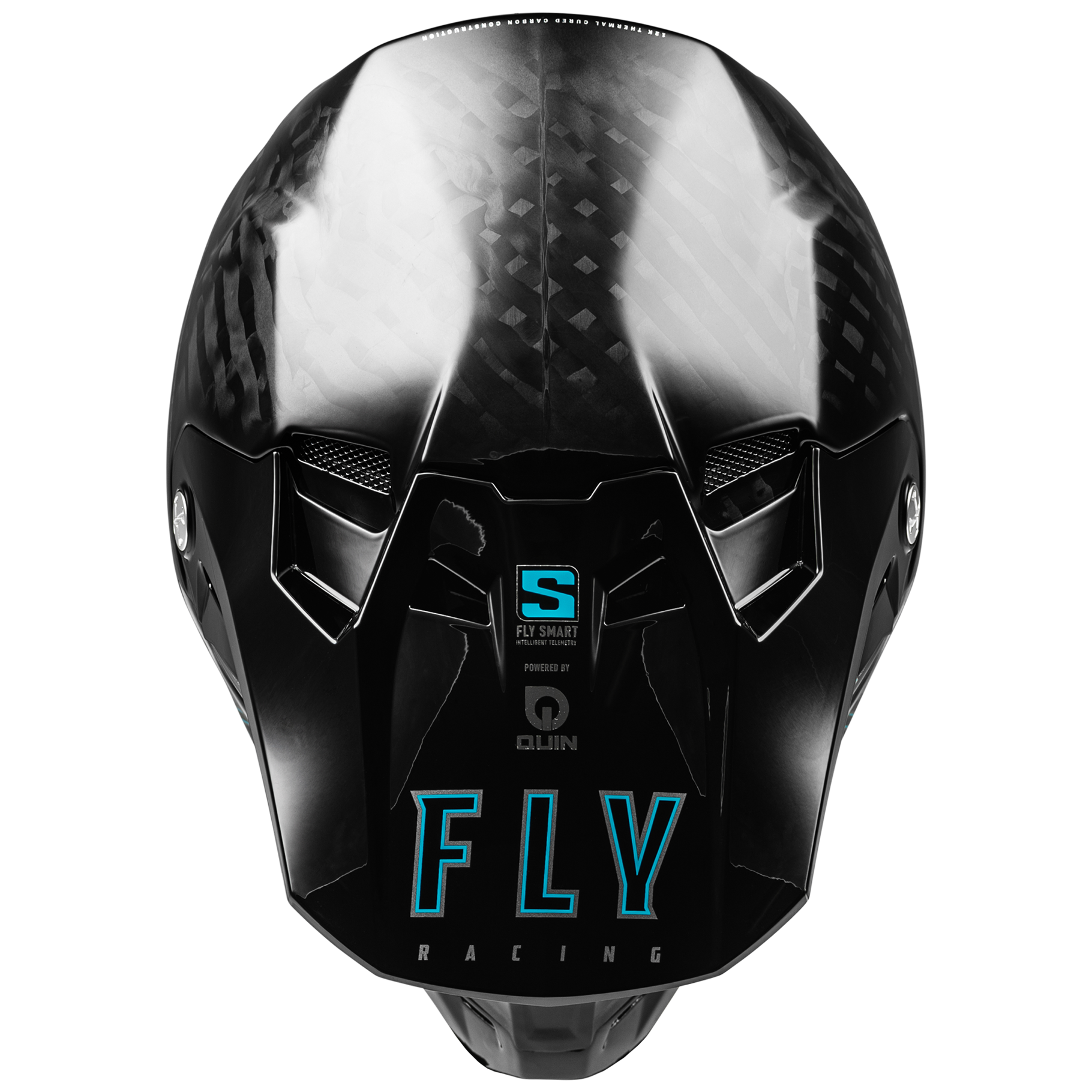 Top view of the gloss black raw weave FLY Racing Formula S Solid Carbon Helmet, showcasing the aggressive True Functional Ventilation intake ports, sleek carbon contour lines, and integrated status LED indicators for the built-in Quin smart telemetry system.
