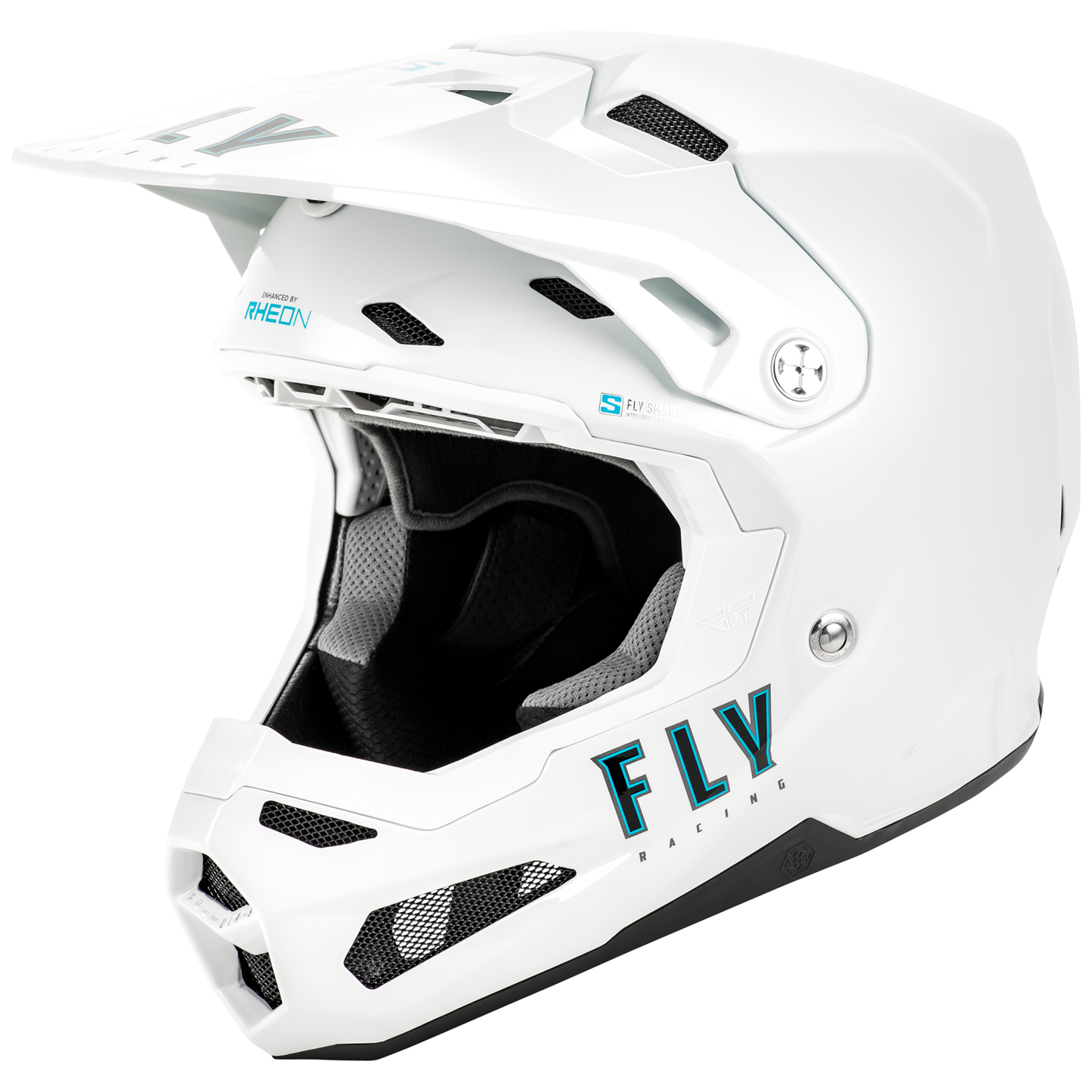 Three-quarter view of the gloss white FLY Racing Formula S Solid Carbon Helmet, showcasing the aggressive True Functional Ventilation intake ports, sleek carbon contour lines, and integrated status LED indicators for the built-in Quin smart telemetry system.