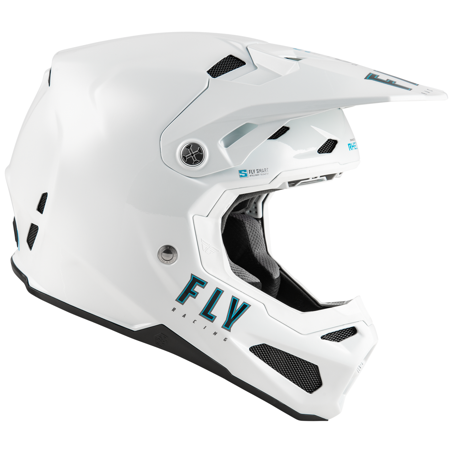 Side view of the gloss white FLY Racing Formula S Solid Carbon Helmet, showcasing the aggressive True Functional Ventilation intake ports, sleek carbon contour lines, and integrated status LED indicators for the built-in Quin smart telemetry system.