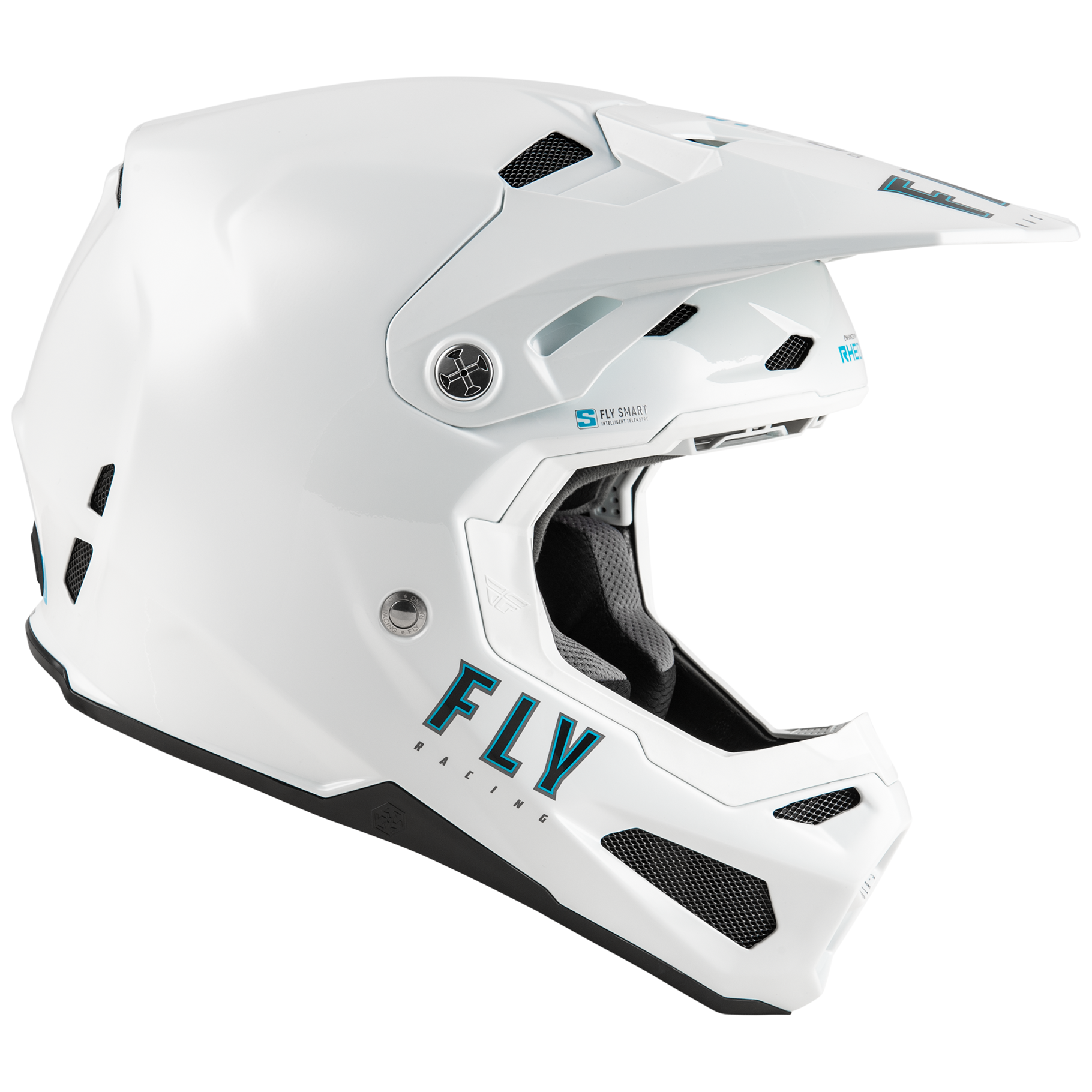 Side view of the gloss white FLY Racing Formula S Solid Carbon Helmet, showcasing the aggressive True Functional Ventilation intake ports, sleek carbon contour lines, and integrated status LED indicators for the built-in Quin smart telemetry system.