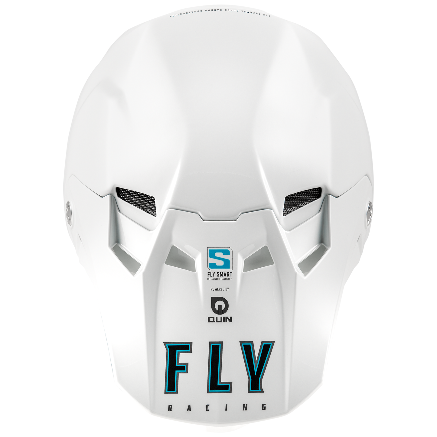 Top view of the gloss white FLY Racing Formula S Solid Carbon Helmet, showcasing the aggressive True Functional Ventilation intake ports, sleek carbon contour lines, and integrated status LED indicators for the built-in Quin smart telemetry system.