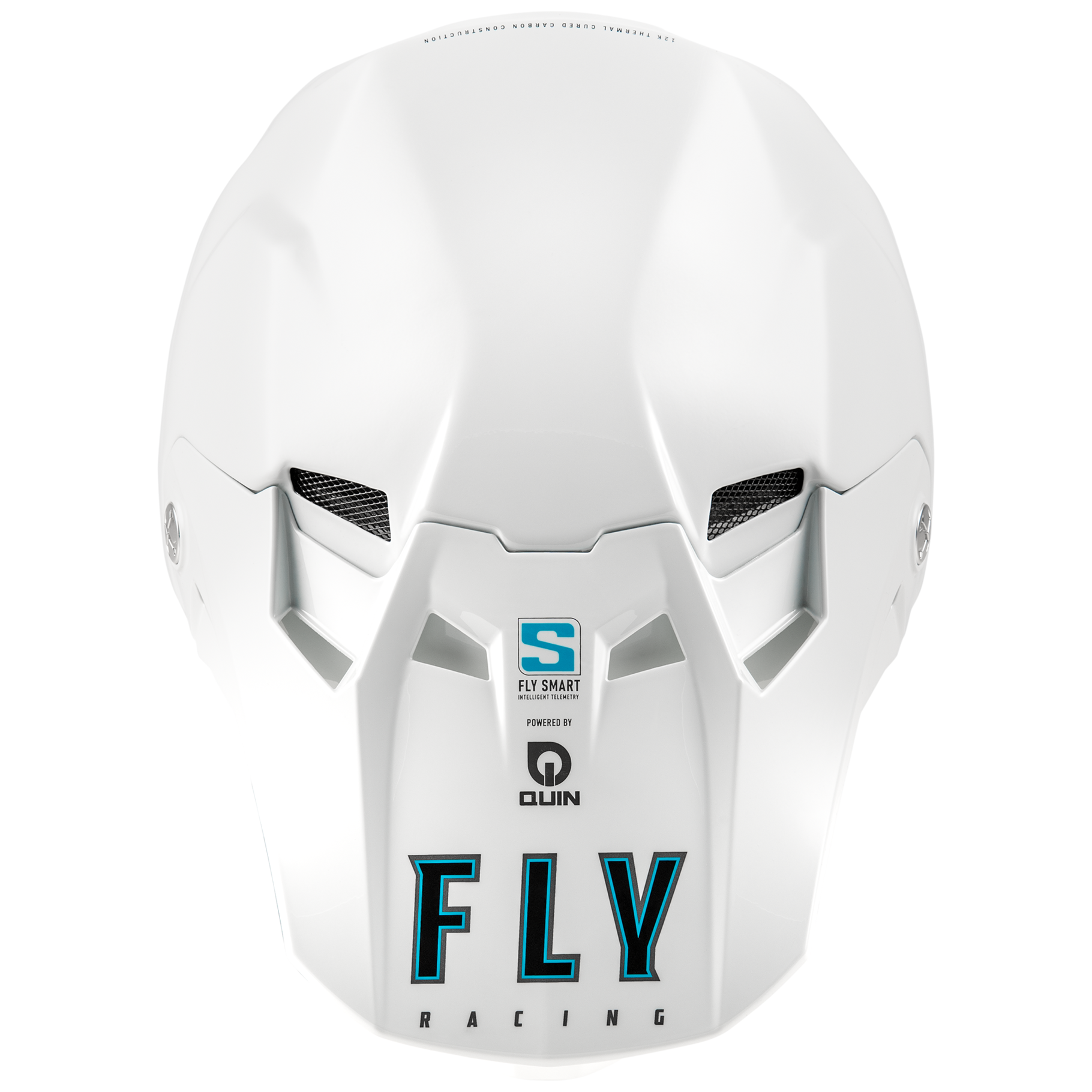 Top view of the gloss white FLY Racing Formula S Solid Carbon Helmet, showcasing the aggressive True Functional Ventilation intake ports, sleek carbon contour lines, and integrated status LED indicators for the built-in Quin smart telemetry system.