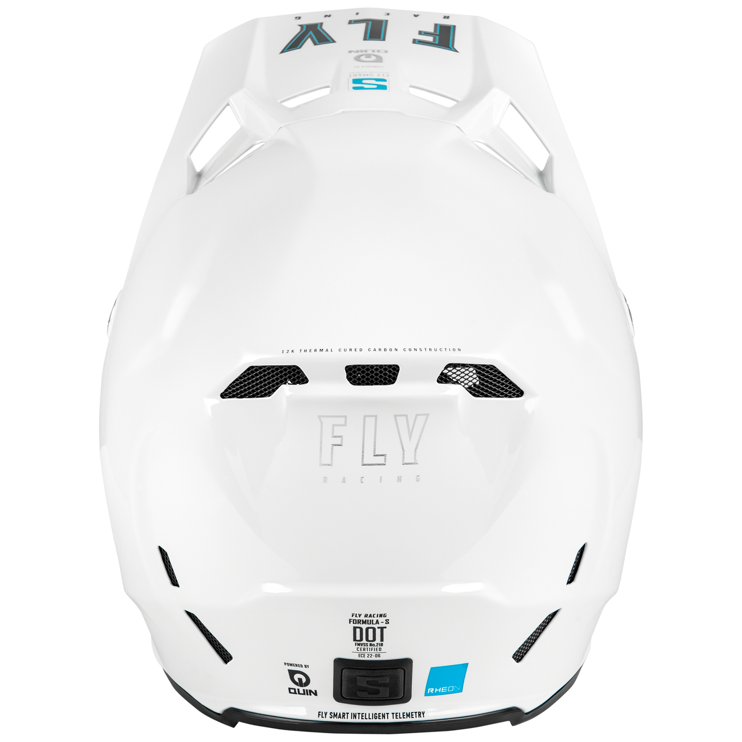 Rear view of the gloss white FLY Racing Formula S Solid Carbon Helmet, showcasing the aggressive True Functional Ventilation intake ports, sleek carbon contour lines, and integrated status LED indicators for the built-in Quin smart telemetry system.